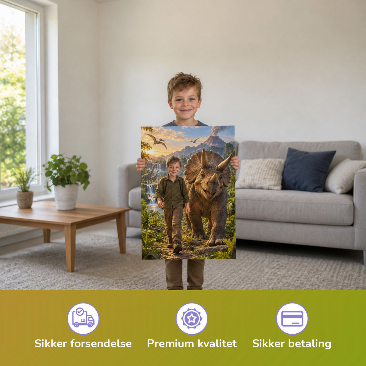 Unterwegs mit dem Triceratops – Junge hält das gedruckte Poster