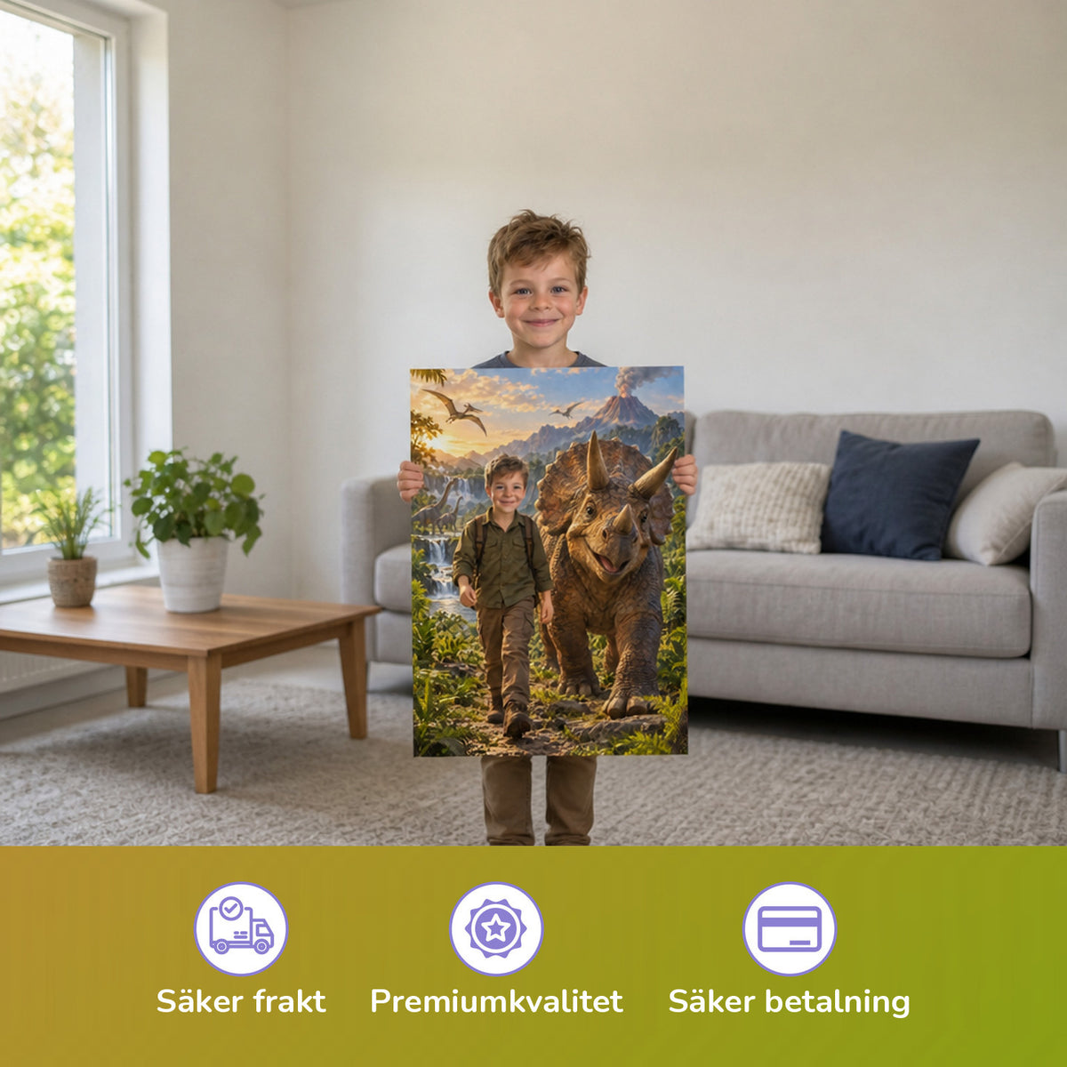 Unterwegs mit dem Triceratops – Junge hält das gedruckte Poster