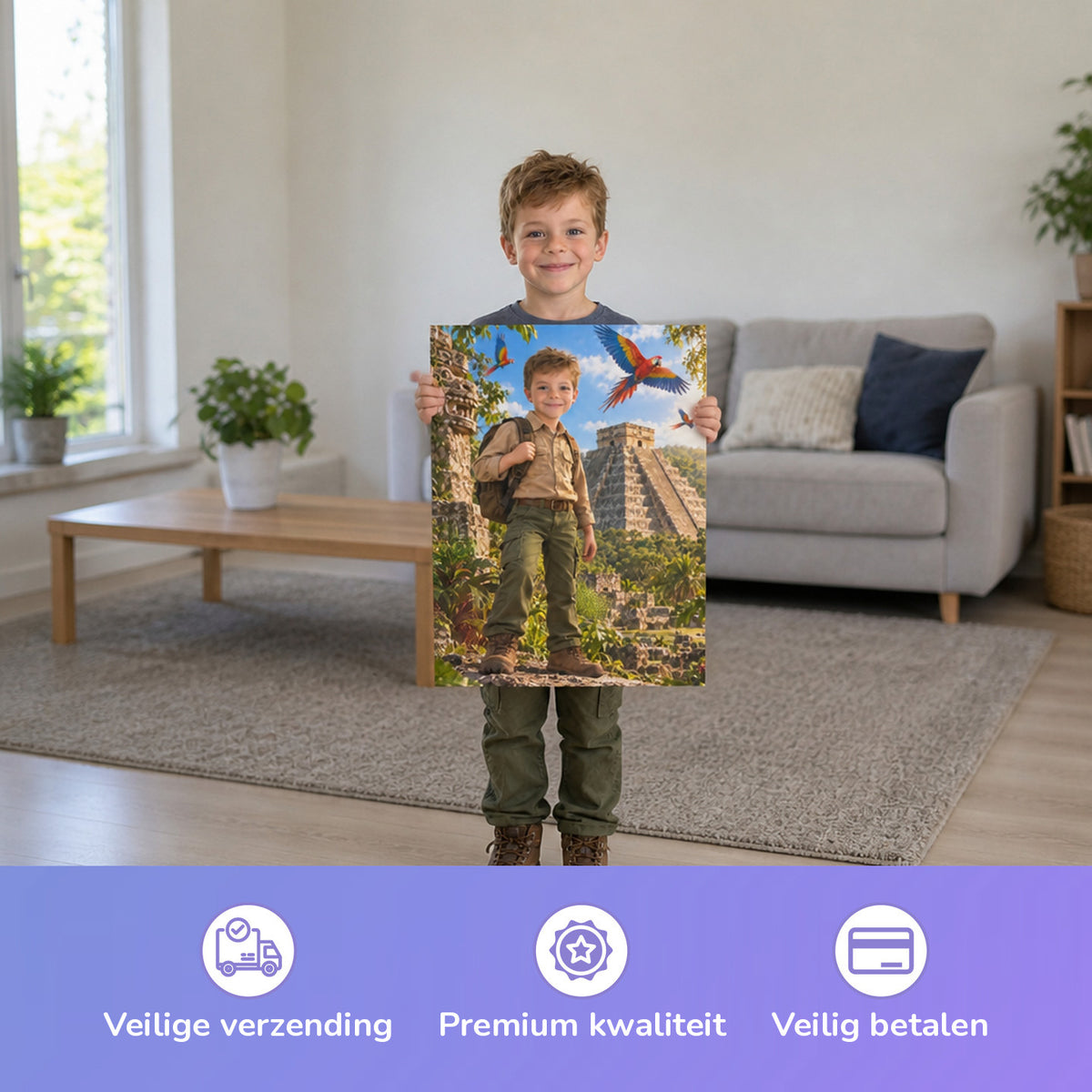 Vor Chichén Itzá – Junge hält das gedruckte Poster