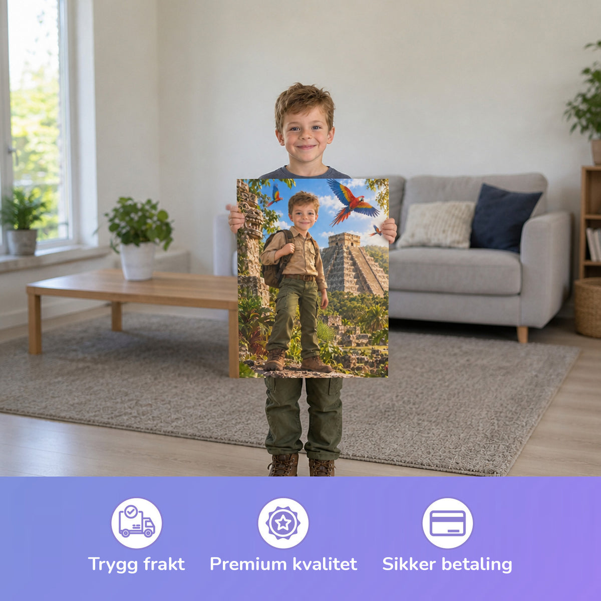 Vor Chichén Itzá – Junge hält das gedruckte Poster