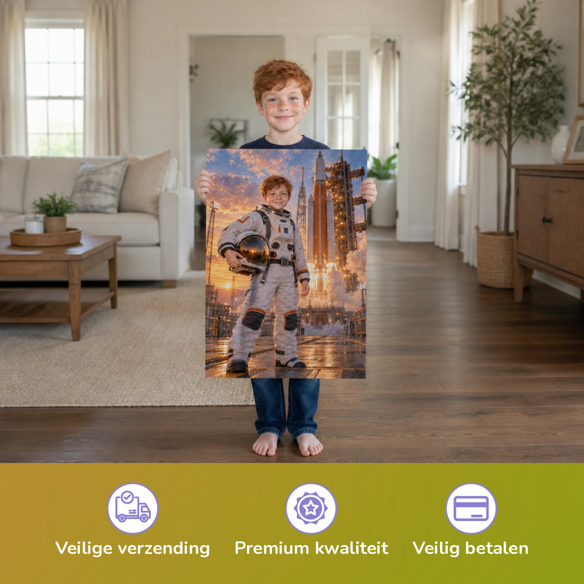 Vor dem Raketenstart – Junge hält das gedruckte Poster