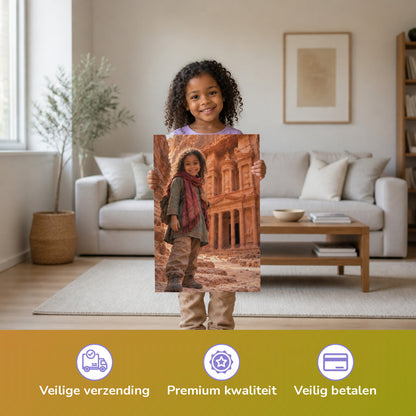 Vor dem Schatzhaus von Petra – Mädchen hält das gedruckte Poster