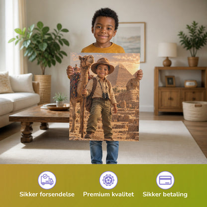 Vor den Pyramiden von Gizeh – Junge hält das gedruckte Poster