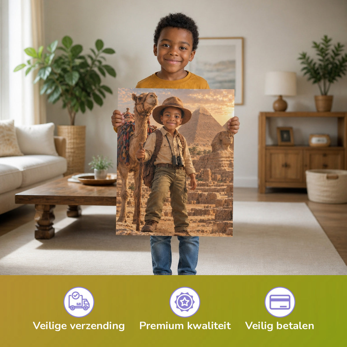 Vor den Pyramiden von Gizeh – Junge hält das gedruckte Poster
