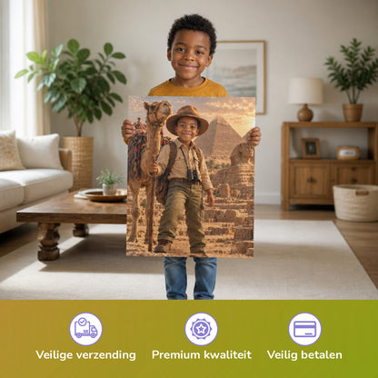 Vor den Pyramiden von Gizeh – Junge hält das gedruckte Poster