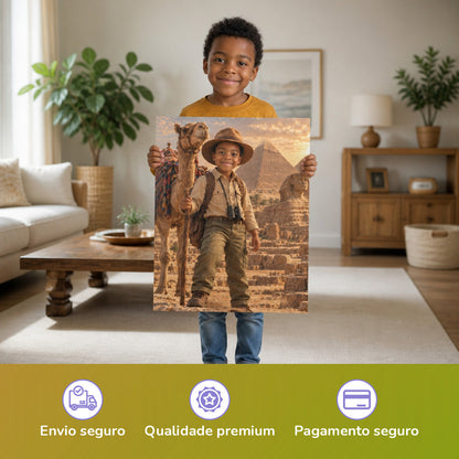 Vor den Pyramiden von Gizeh – Junge hält das gedruckte Poster