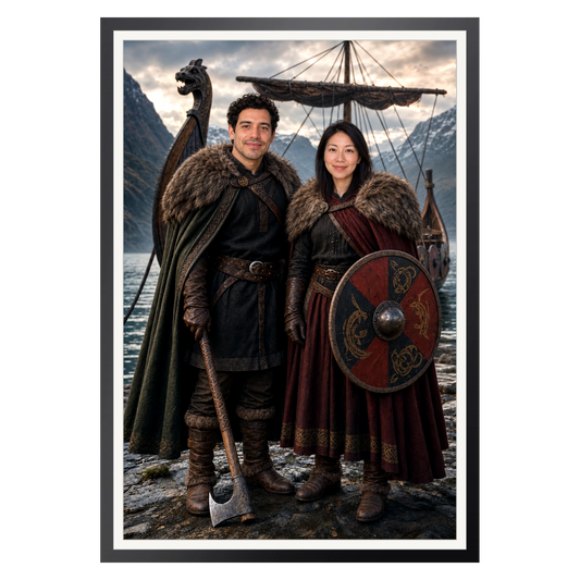 Wikingerpaar am Langschiff – Poster im Rahmen