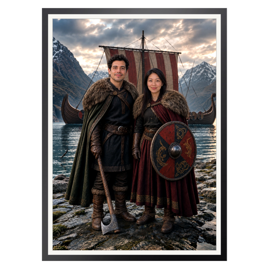 Wikingerpaar am Langschiff – Poster im Rahmen