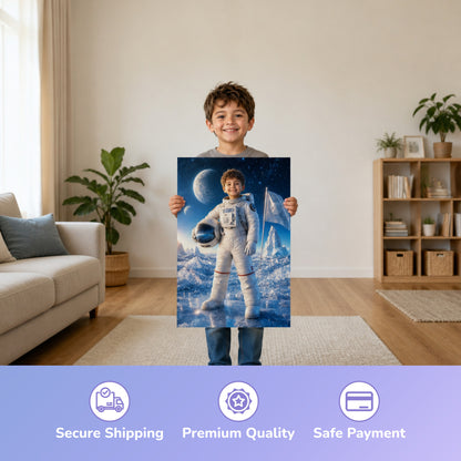 Astronaut auf dem Eisplaneten – Junge hält das gedruckte Poster