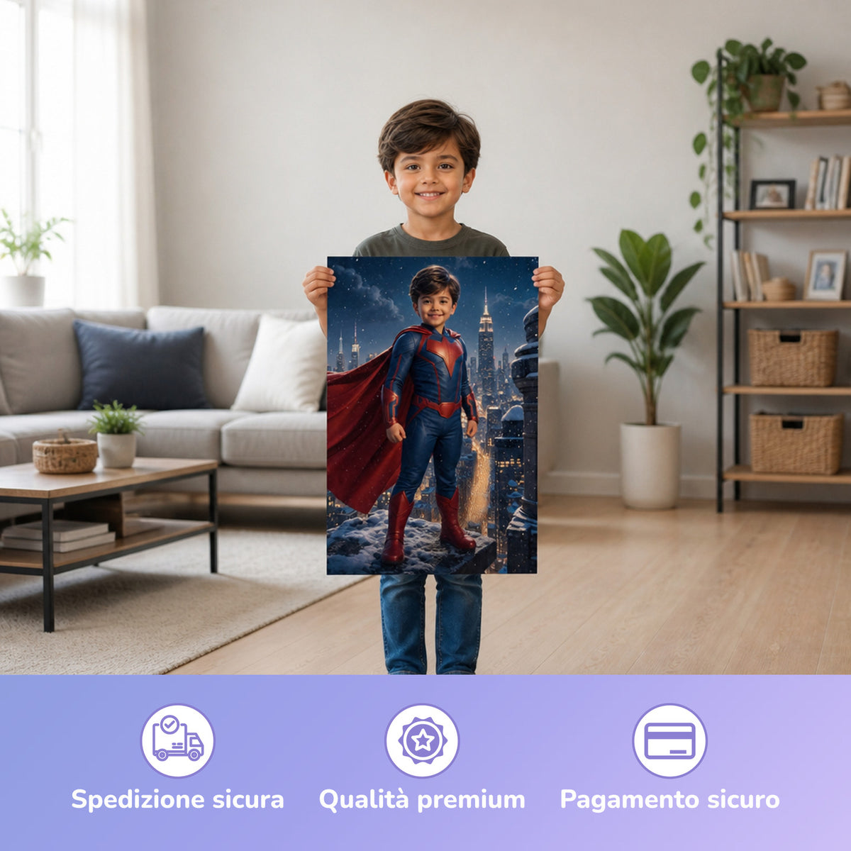 Eroe sopra la città invernale – bambino con il poster stampato
