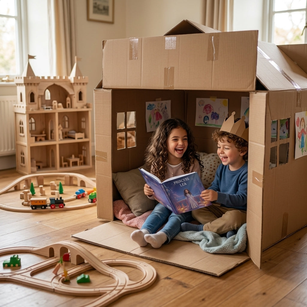 Grandchildren playing inside cardboard boxes with untouched train set and castle dollhouse in the background