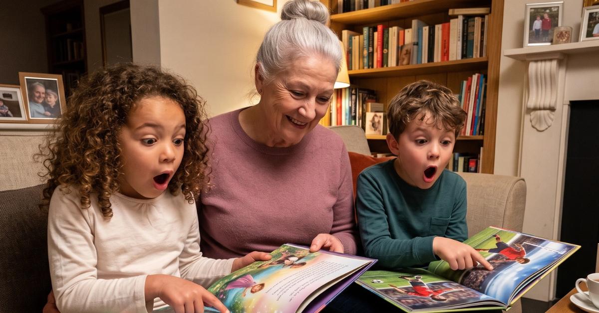 Granddaughter Lea and grandson Felix sitting on the sofa, their mouths wide open in pure surprise and amazement as they point at their customized storybooks, with their grandmother smiling lovingly behind them
