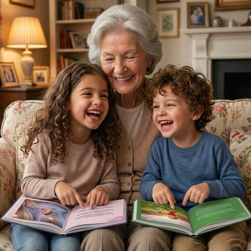 Granddaughter Lea and grandson Felix sitting on the sofa laughing and pointing at their customized storybooks with grandmother watching lovingly behind them