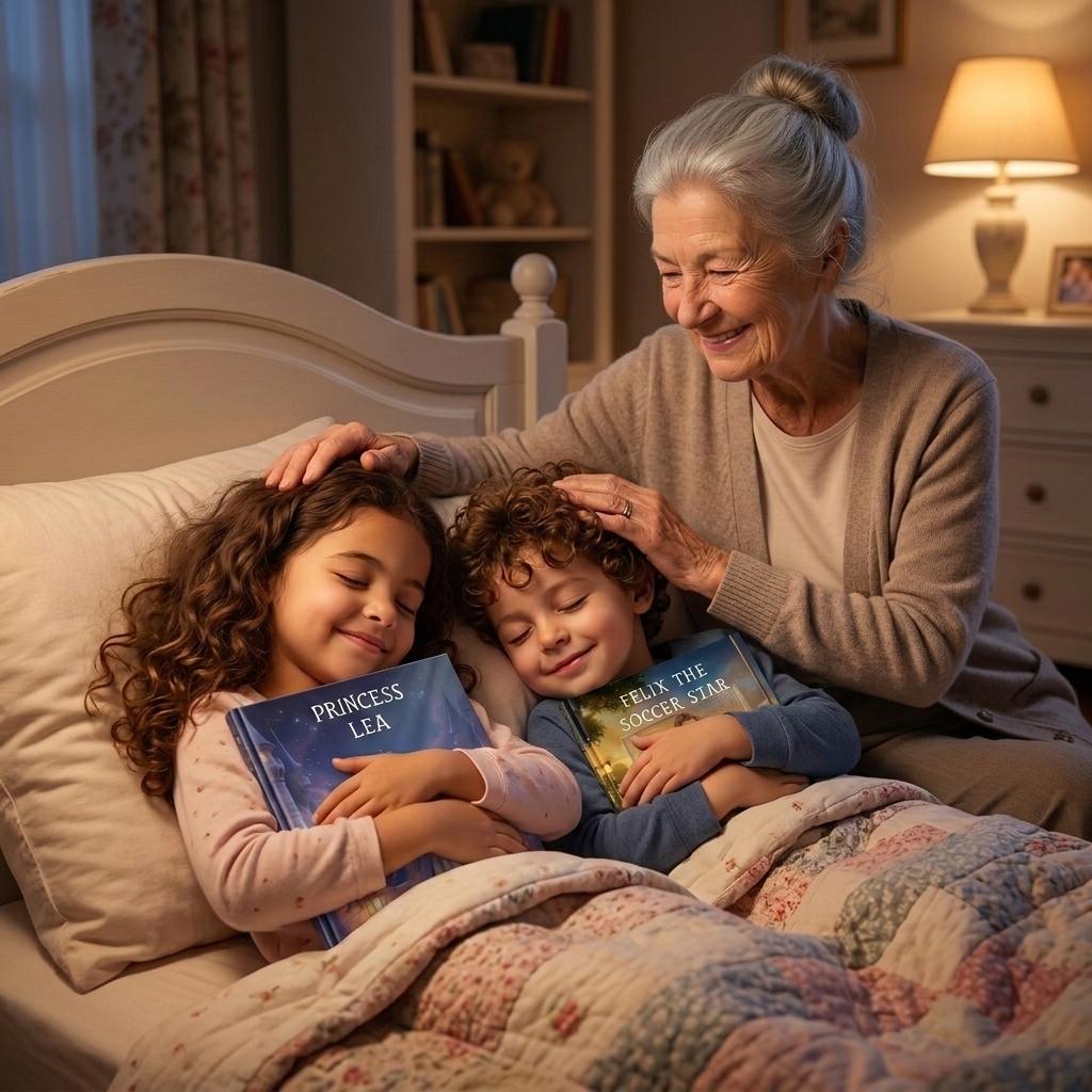 Granddaughter Lea and grandson Felix lying in bed hugging their customized books with grandmother sitting beside them stroking their heads