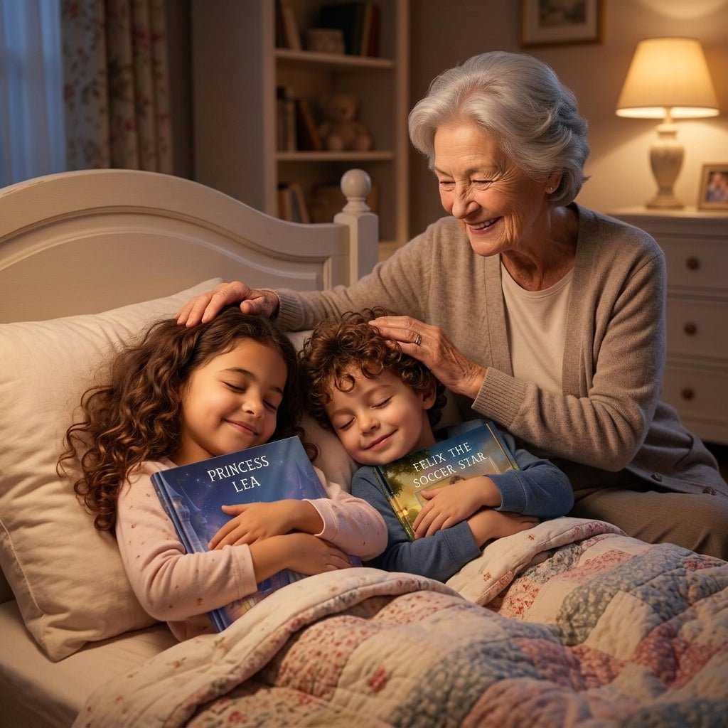 Granddaughter Lea and grandson Felix lying in bed hugging their customized books with grandmother sitting beside them stroking their heads