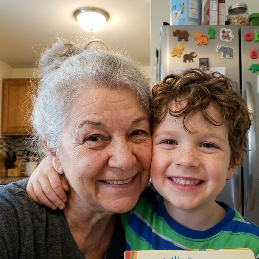 A grandmother smiling happily with her grandson hugging her in their kitchen