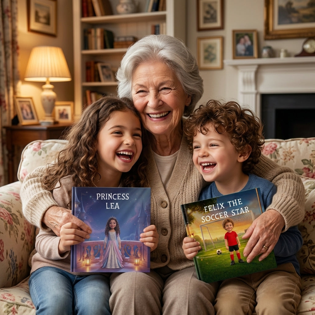 A grandmother hugging her granddaughter and grandson simultaneously, holding their personalized books laughing joyfully